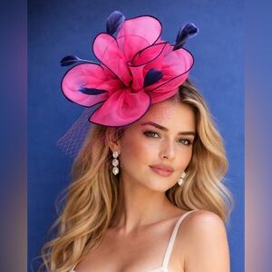 Kentucky Derby Tea Church Race Day Hat Pink Fascinator with Navy Accents